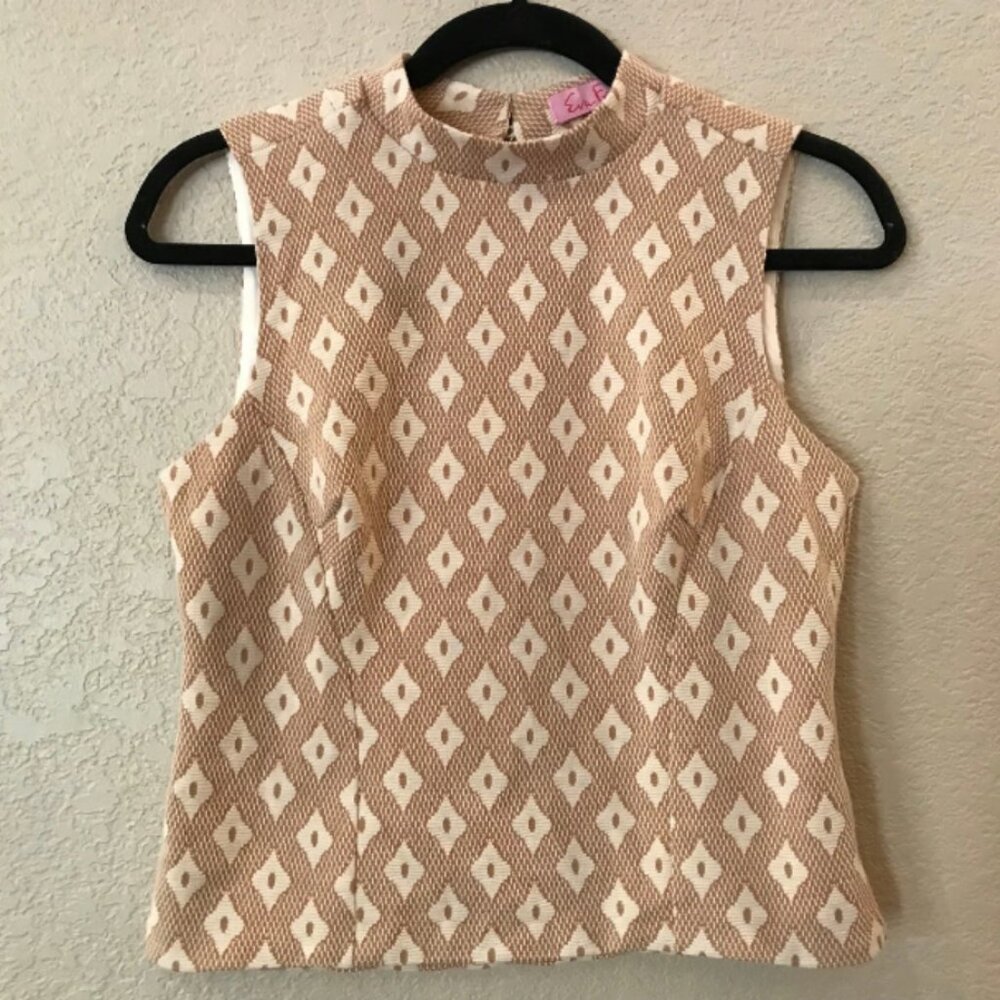 Anthropologie Cream and Beige Sleeveless Diamond-Pattern Shell